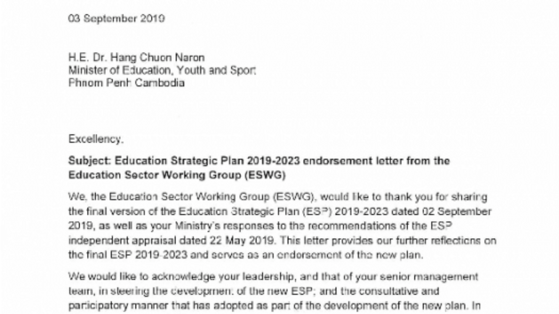 Endorsement of Cambodia's education plan 2019-2023