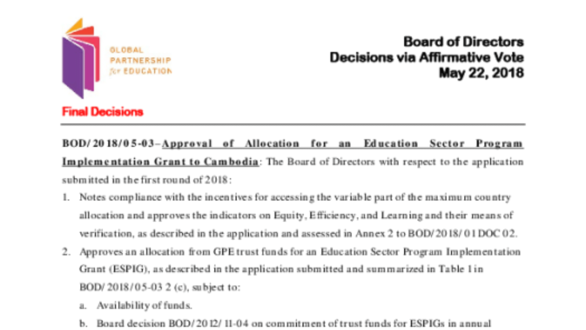 Board decisions via affirmative vote. May 2018