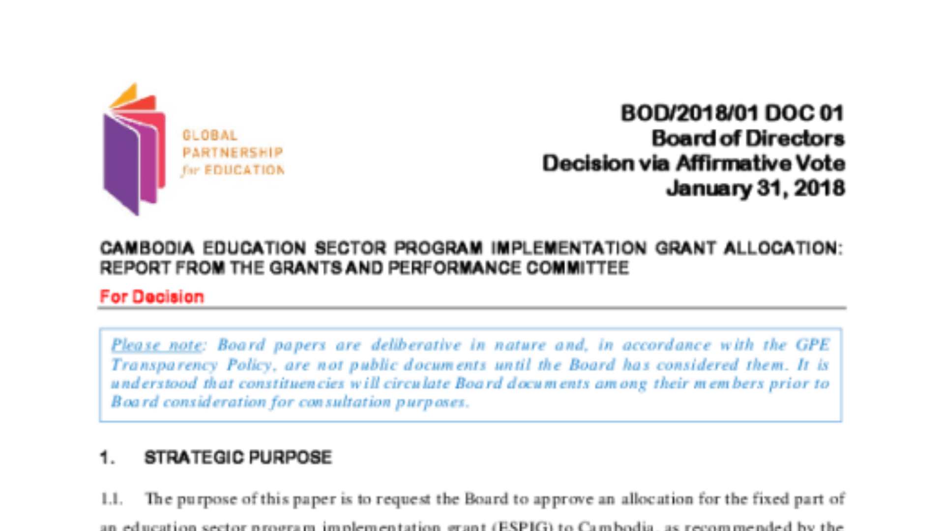 Cambodia education sector program implementation grant allocation. January 2018