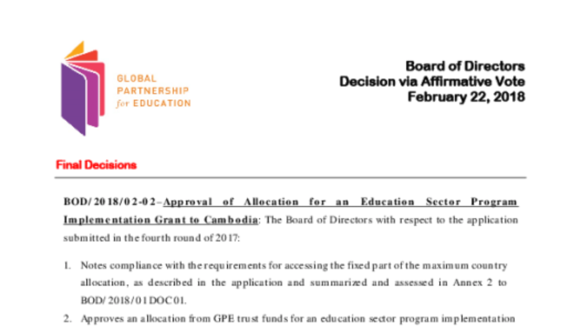 Board decisions. February 2018