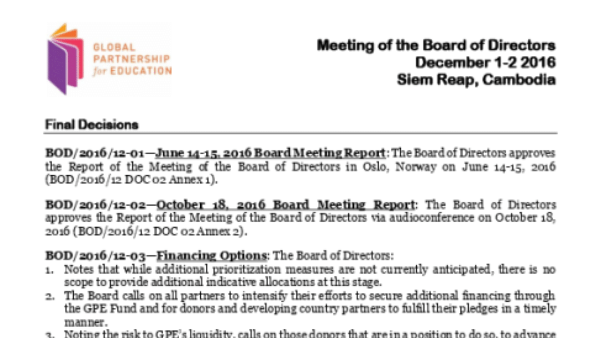 Board decisions. December 2016