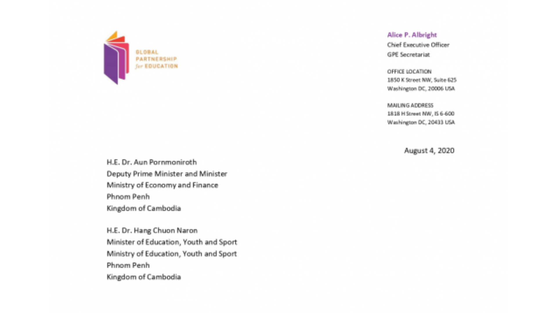 Approval letter for COVID-19 accelerated funding for Cambodia
