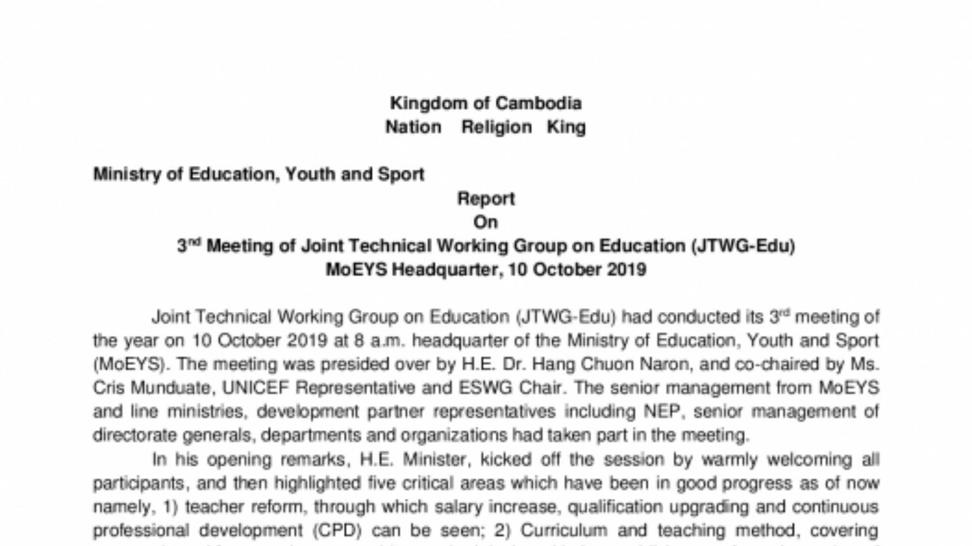 Joint sector review aide-memoire. Cambodia. 2019