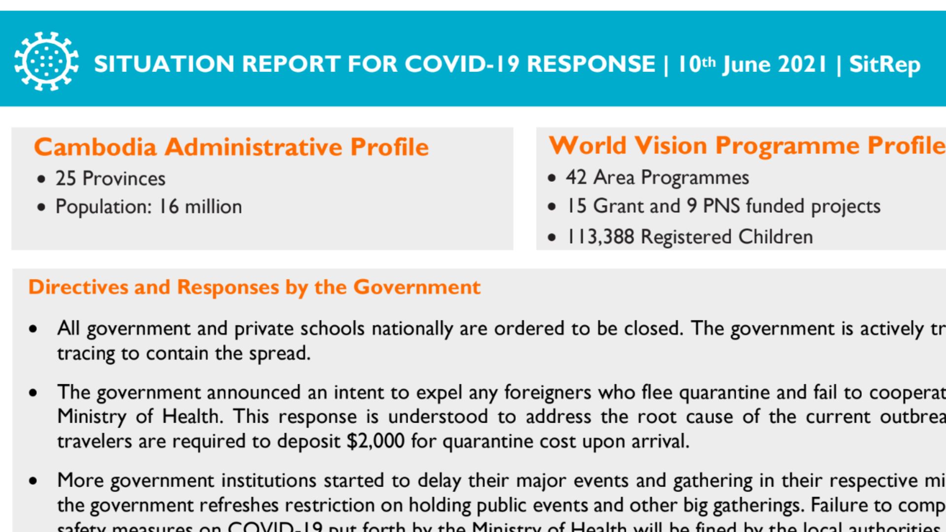 Situation Report for COVID-19 Response