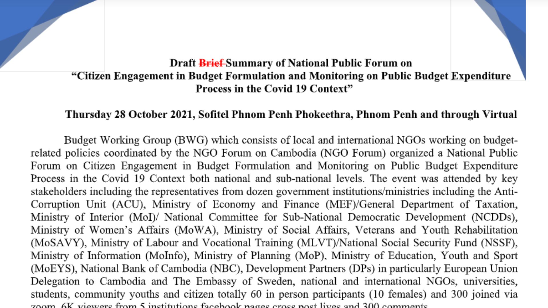 Summary of National Public Forum on "Citizen Engagement in Budget Formulation and Monitoring on Public Budget Expenditure Process in the COVID-19 Context"