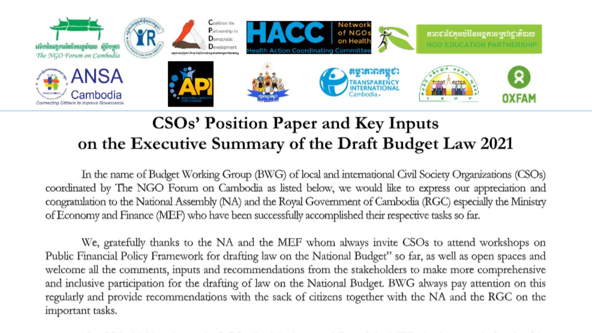 CSOs' Position Paper and Key Inputs on the Executive Summary of the Draft Budget Law 2021