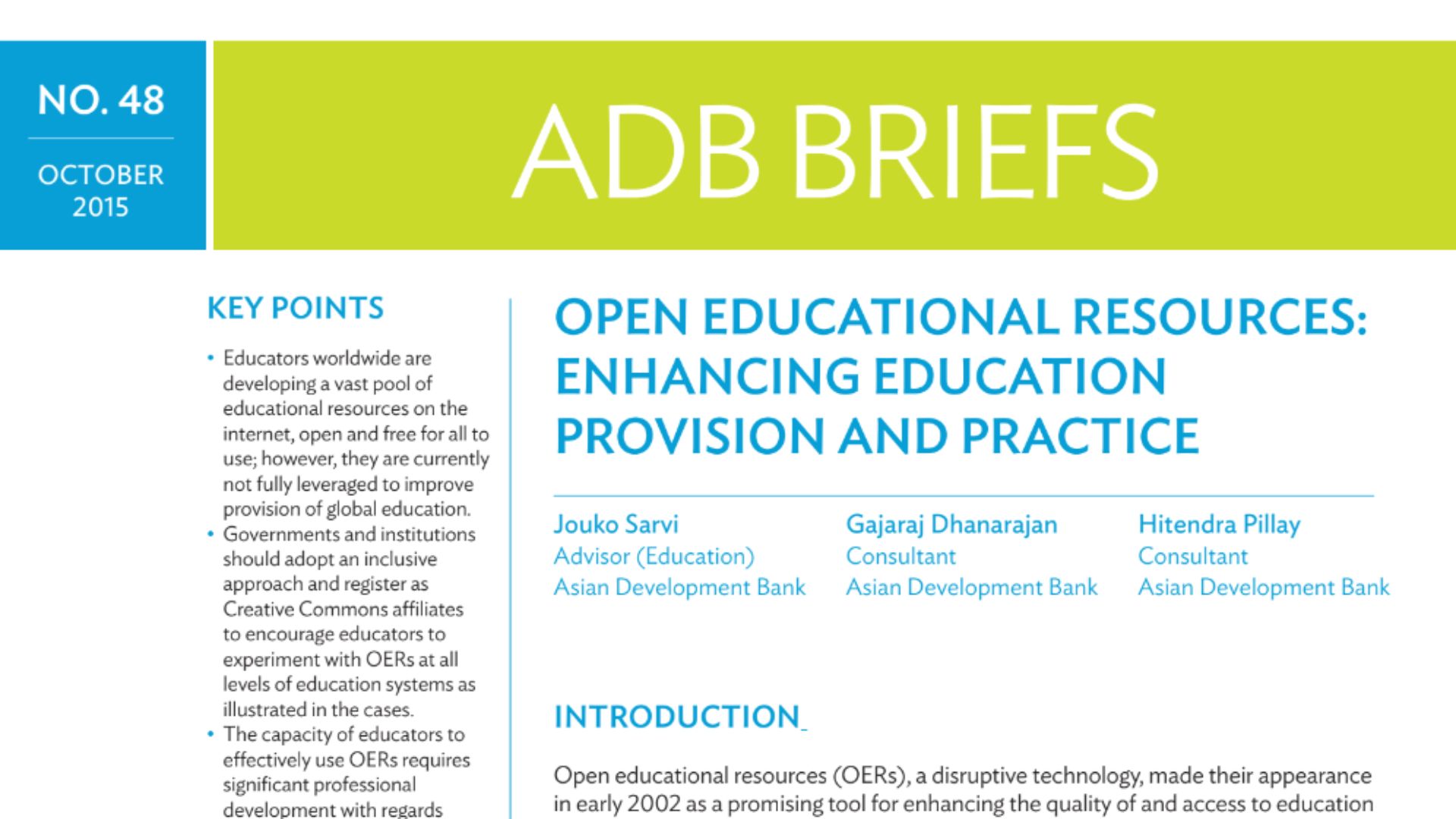 ADB Briefs - Open Educational Resources: Enhancing Education Provision and Practice
