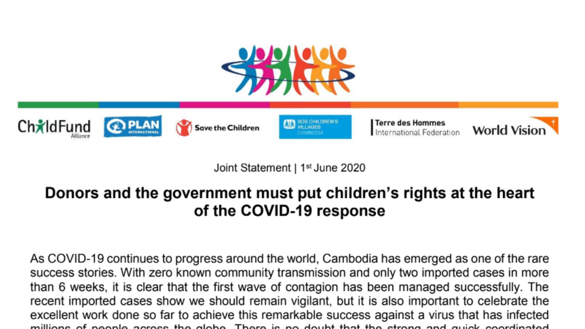 Joint Statement - Donors and the Government Must Put Children's Rights at the Heart of the COVID-19 Response