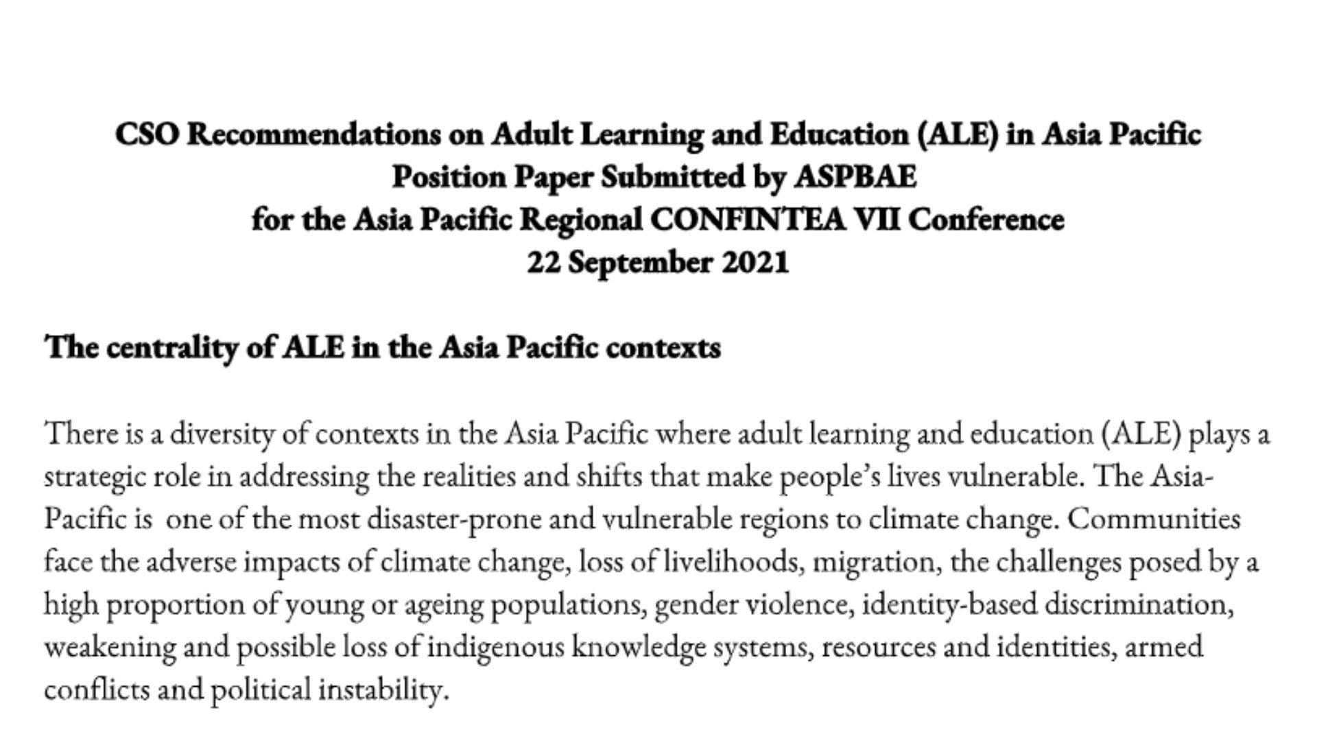 CSO Recommendations on Adult Learning and Education (ALE) in Asia Pacific