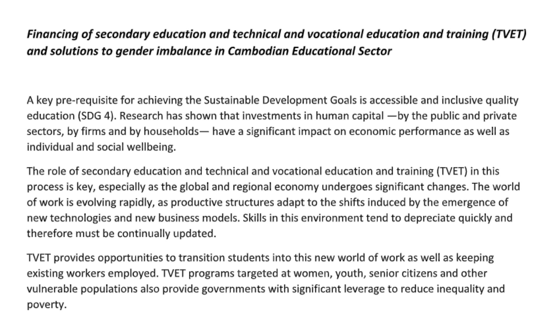 Financing of secondary education and technical and vocational education and training (TVET) and solutions to gender imbalance in Cambodian Educational Sector